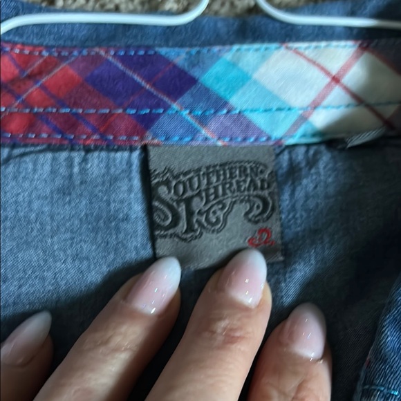 Women’s Denim Shirt with Plaid Details - Picture 5 of 7